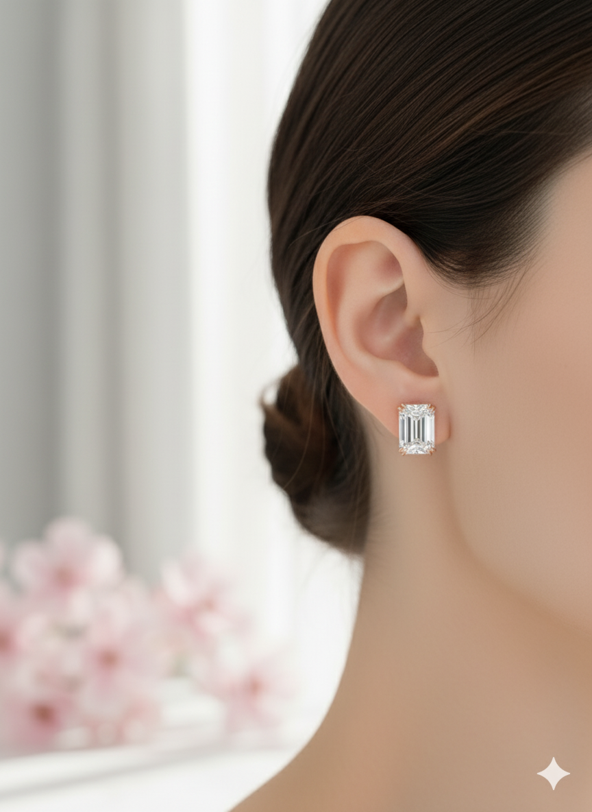 4 Carat Double Scoop Emerald Cut Moissanite Stud Earrings