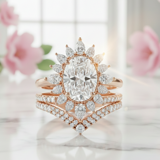 2.70 Ct Oval Cut Moissanite Bridal Ring Set Floral Halo