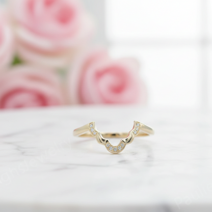 14K Gold Curved Wedding Band - 0.050 ct Diamond Ring