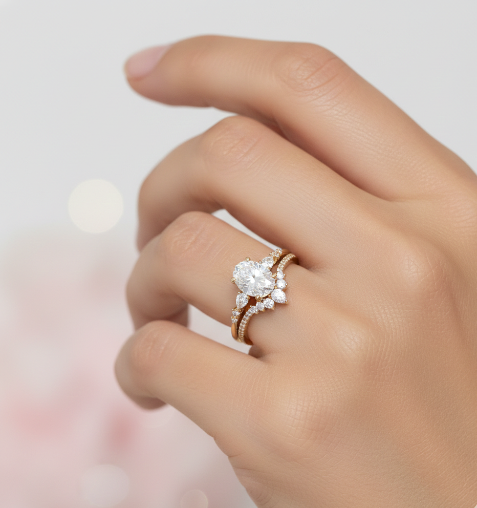 1.61 CT Oval Halo Engagement Ring Set