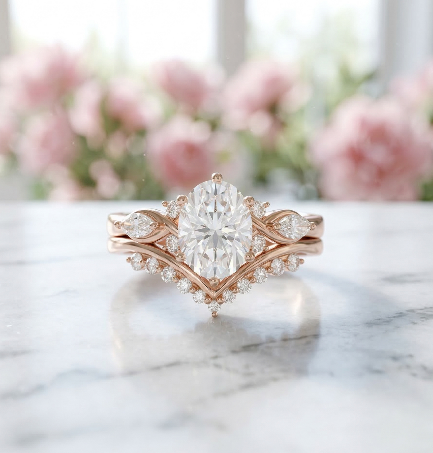 1.560CT Oval Lab Grown Diamond Engagement Ring Set