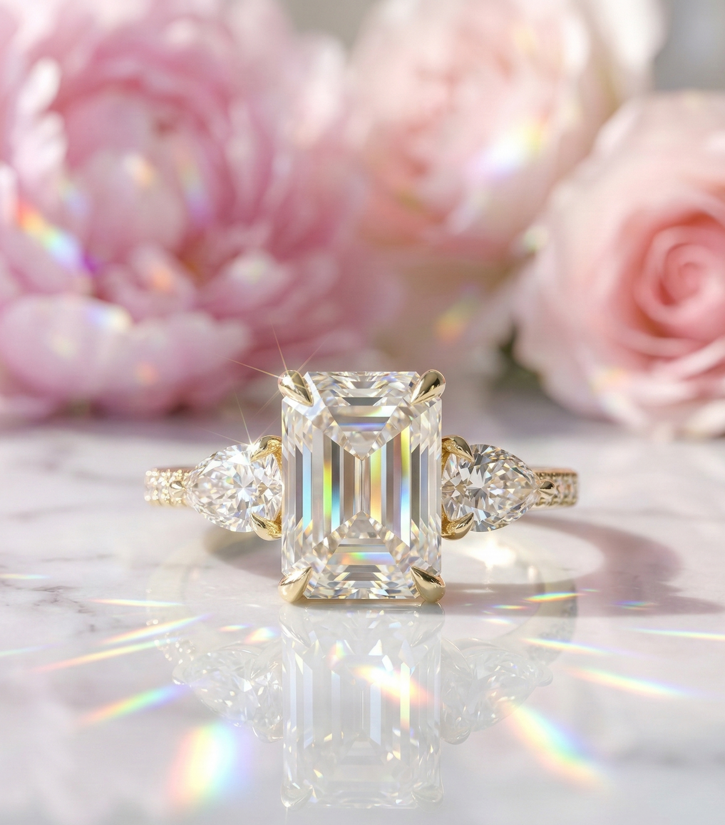 2.45 Ct Emerald Lab Grown Diamond Three Stone Engagement Ring