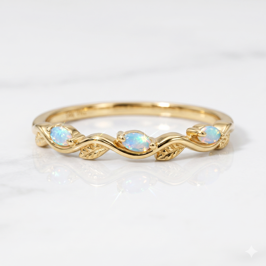 0.090ct Marquise cut Opal wedding band 14k White Gold