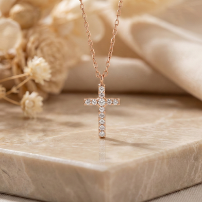 0.150 Ct Lab-Grown Cross Necklace – 14K Rose Gold Pendant