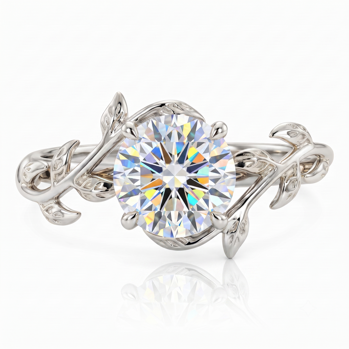 Vintage 1.00ct Round Cut Leaf Lab Grown Diamond Engagement Ring