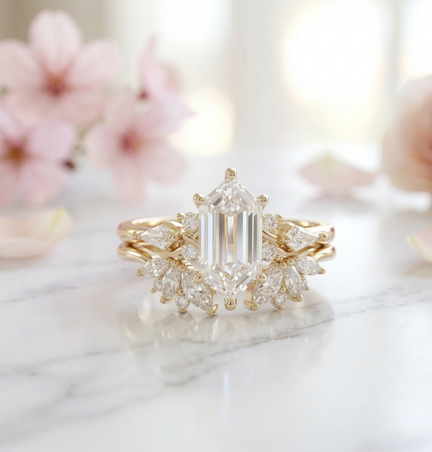 1.790CT Long Hexagon Lab Diamond Engagement Ring Set