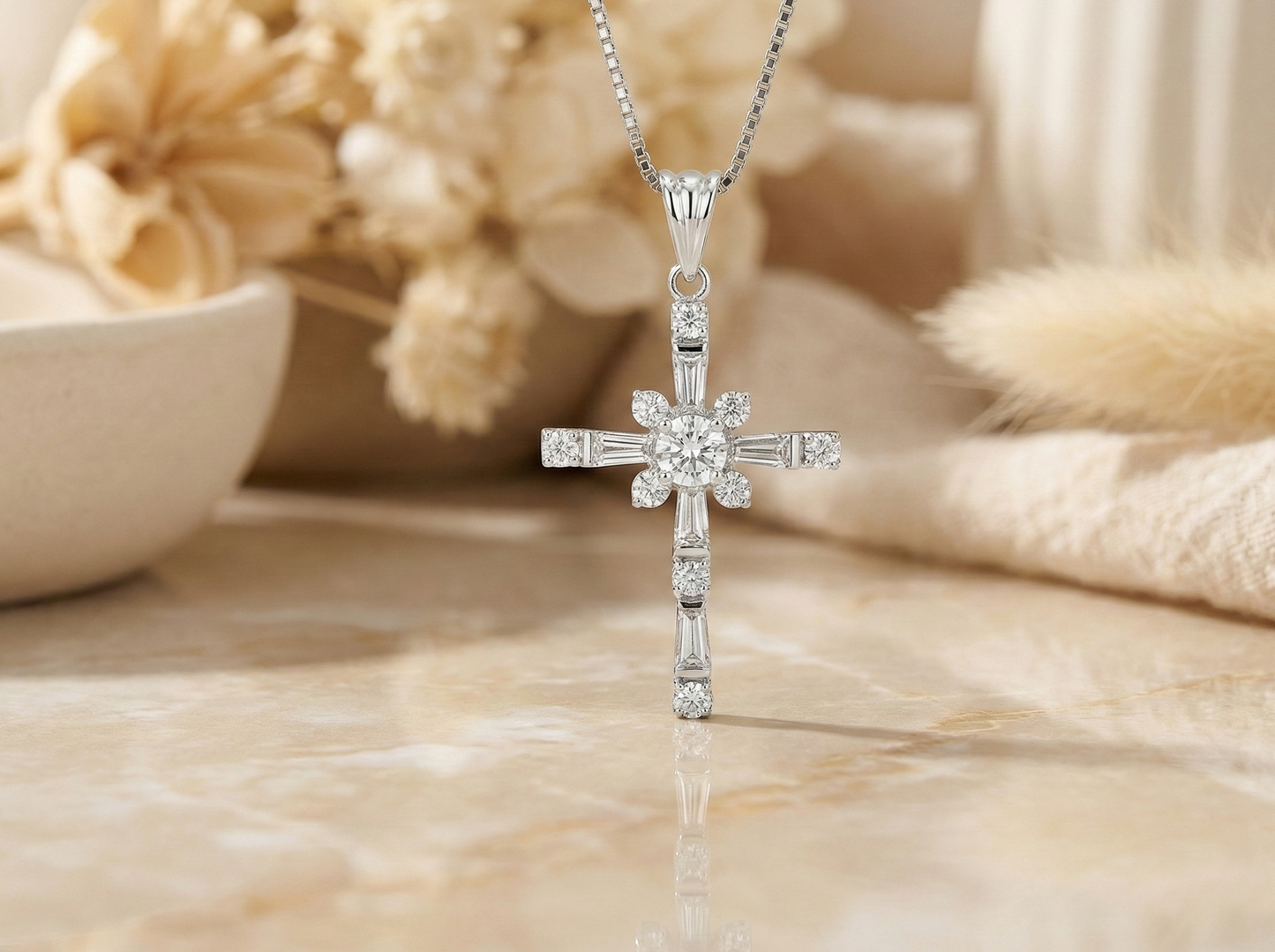 Lab-Grown Cross Pendant Necklace 0.625 ct -  Baguette Cross