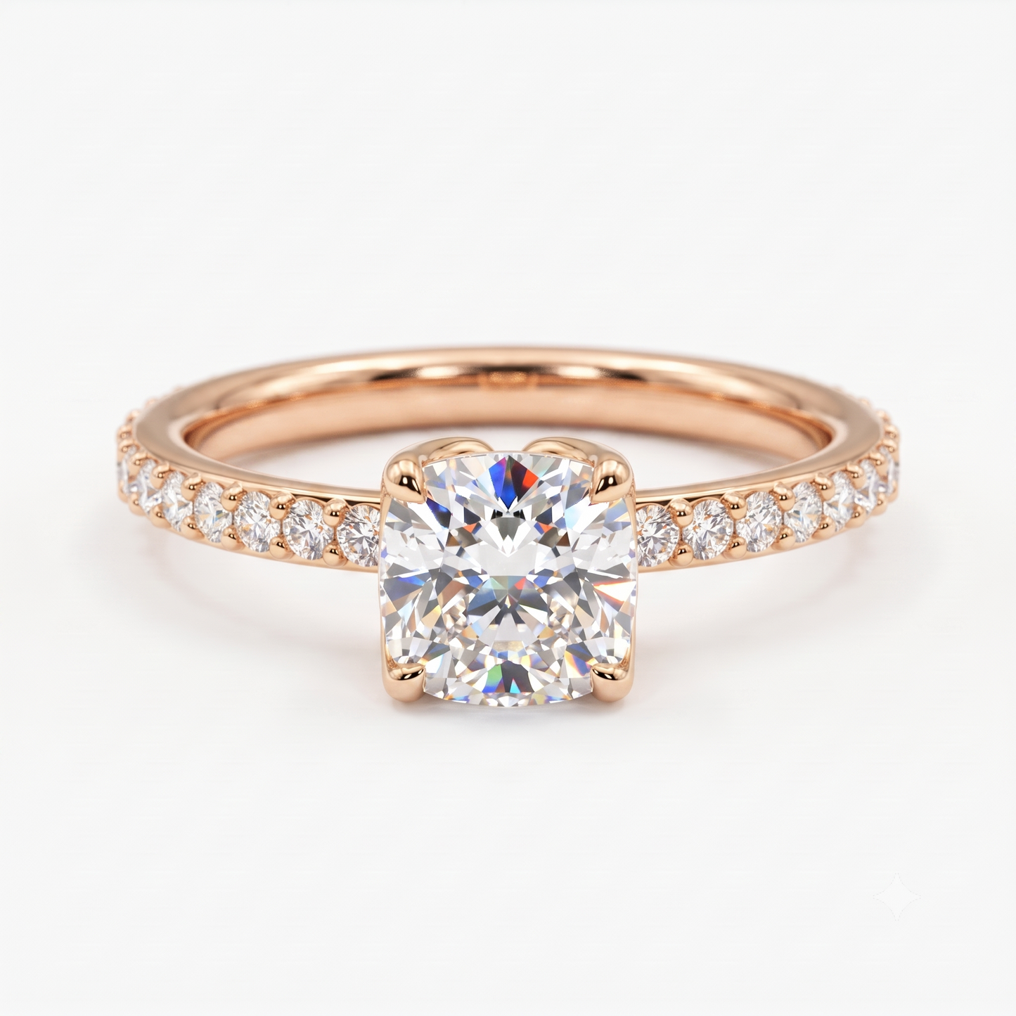 1. 1/4ct Cushion Cut Lab Grown Diamond Solitaire Engagement Ring, Pave Wedding Ring