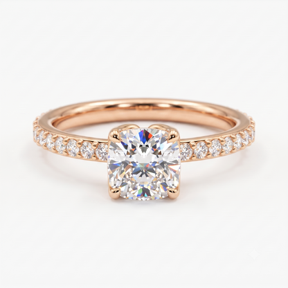 1. 1/4ct Cushion Cut Lab Grown Diamond Solitaire Engagement Ring, Pave Wedding Ring