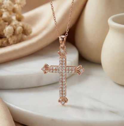 0.600Ct Lab-Grown Cross Necklace 14K Solid Gold Pendant