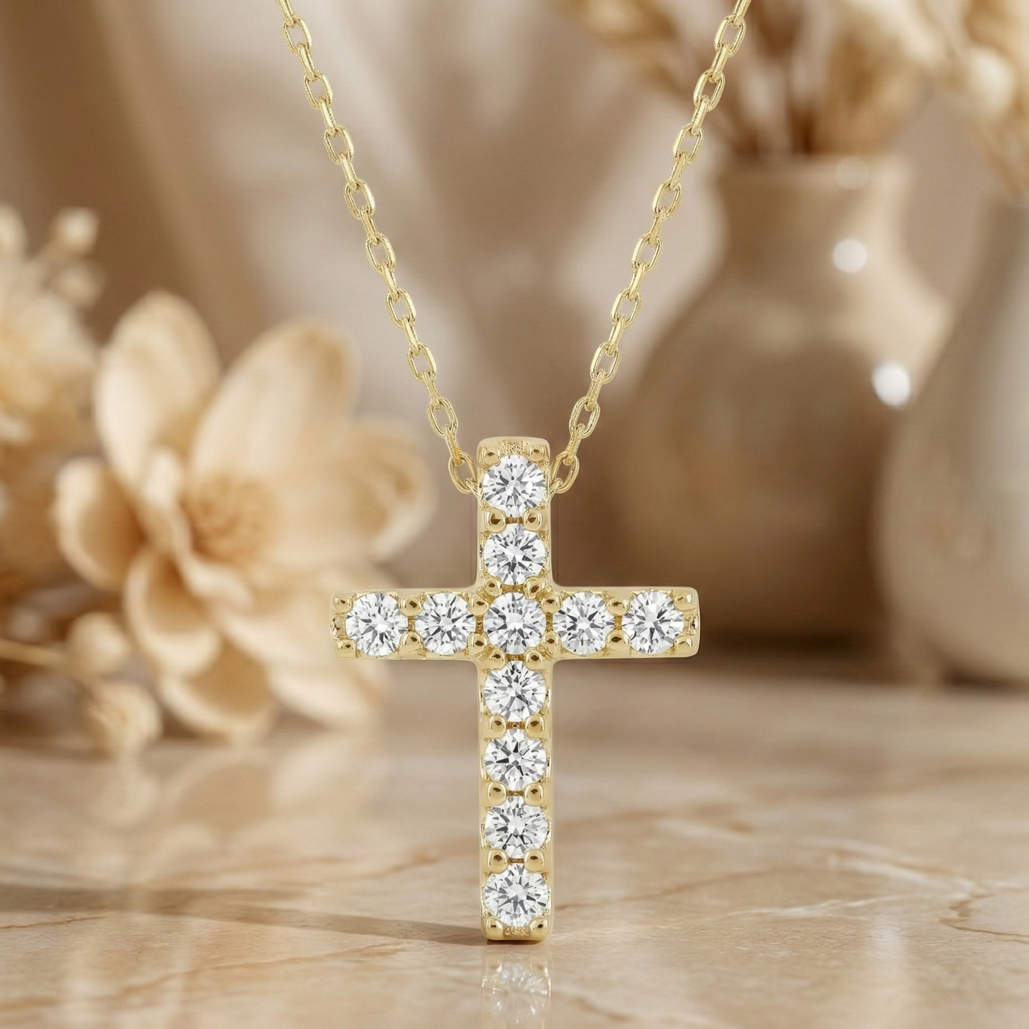 0.110 Ct 14K Solid Gold Lab-Grown Cross Necklace