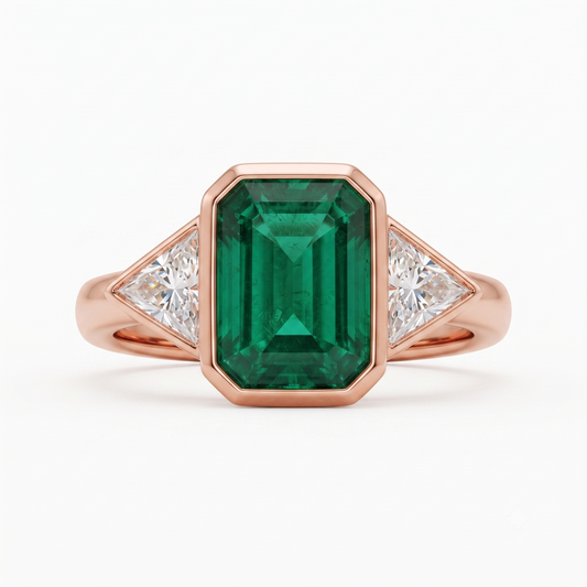 3.00ct Emerald with Trillion Lab-Grown Three Stone Engagement Ring