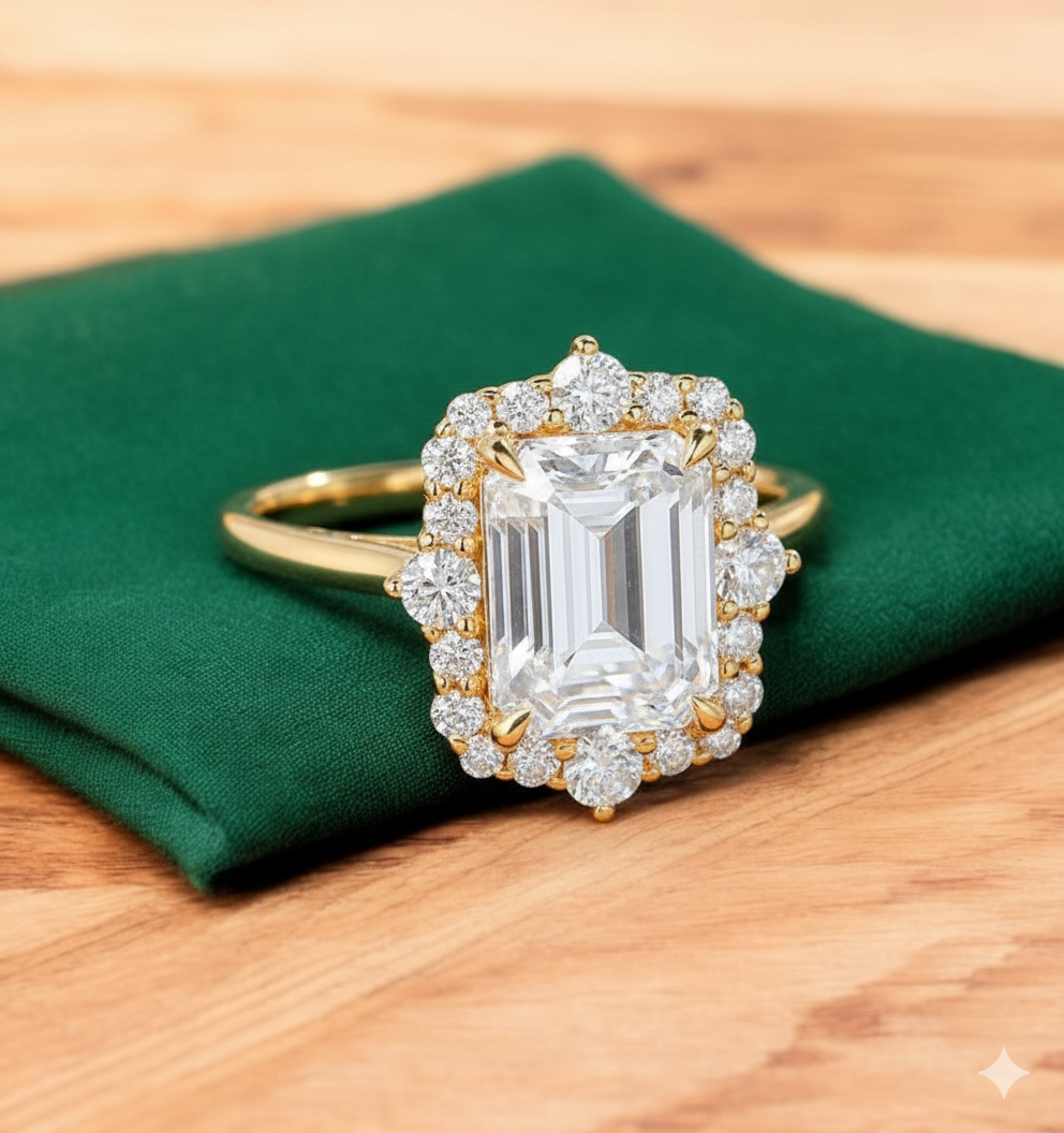 3.5ct Emerald Cut Moissanite Engagement Ring • Unique Vintage Yellow Gold Bridal Ring