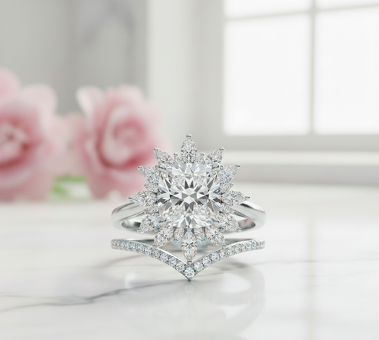 1.85 Ct Sunburst Diamond Bridal Set – Floral Halo Ring
