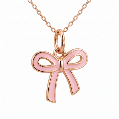 Pink Bow Necklace, 14K Gold Bow Pendant Necklace