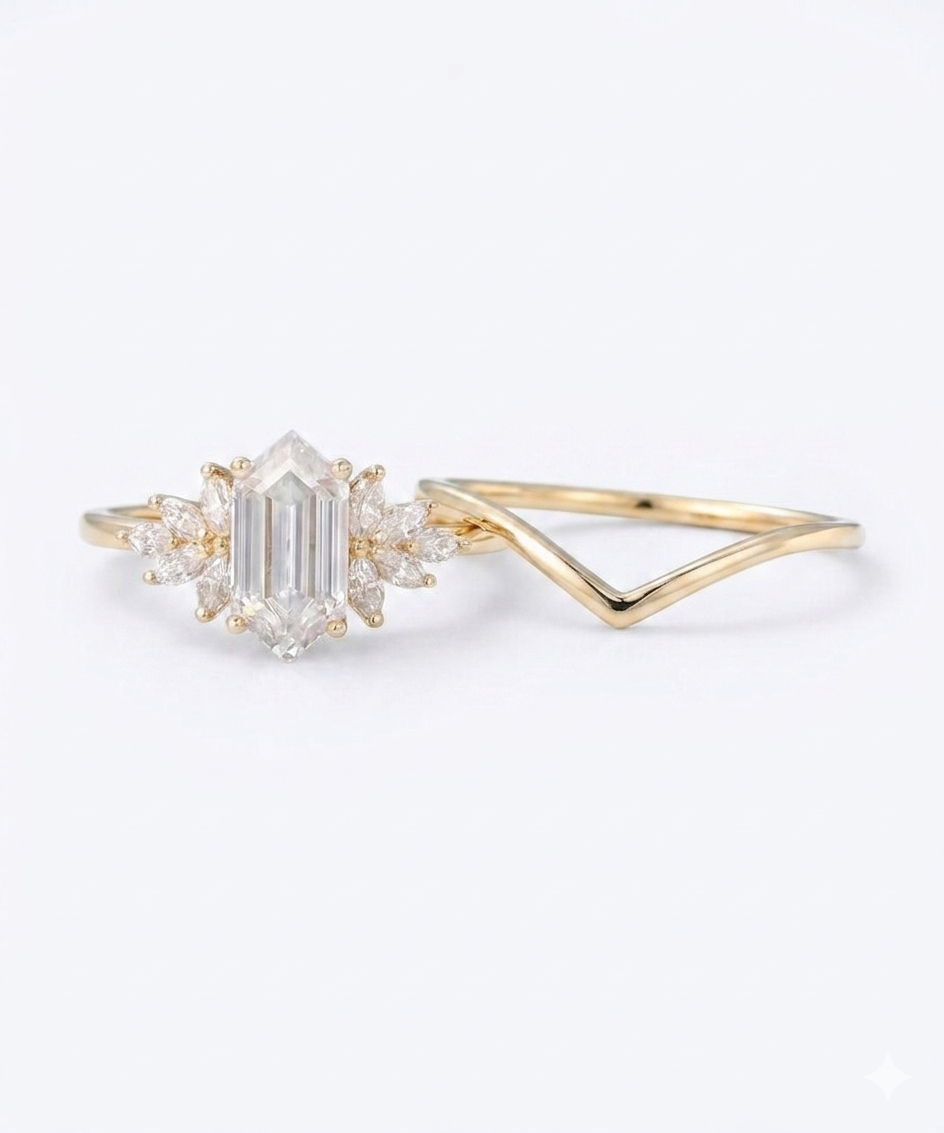1.300ct Elongated Hexagon Lab grown diamond  IGI engagement ring set