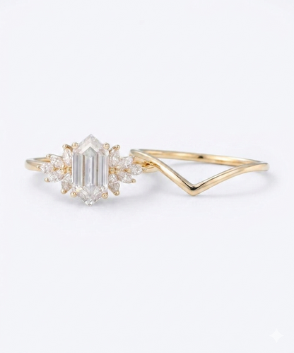 1.300ct Elongated Hexagon Lab grown diamond  IGI engagement ring set