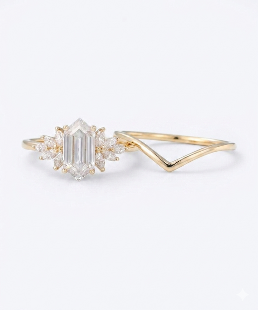 1.300ct Elongated Hexagon Lab grown diamond  IGI engagement ring set