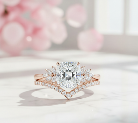 1.65 Ct Cushion Cut Diamond Ring Set – Chevron Wedding Band