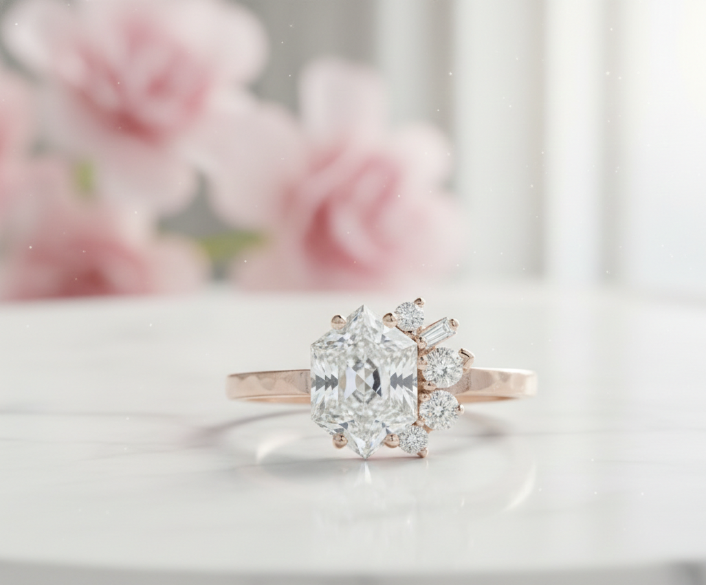 Hexagon Engagement Ring 1.65 CT – Geometric Cluster 14K Gold Ring