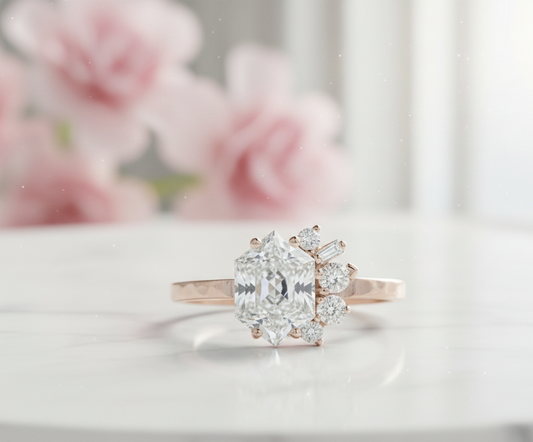 Hexagon Engagement Ring 1.65 CT – Geometric Cluster 14K Gold Ring