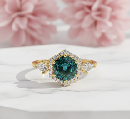 1.32 Ct Hexagon Lab Diamond Ring  - Green  Halo Engagement