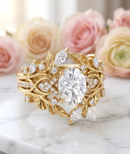 1.520ct Oval Lab Grown Diamond Leaf Bridal Ring Set in Gold
