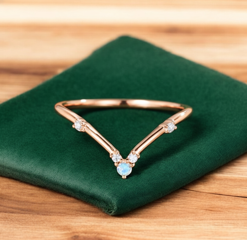 Moonstone Diamond Curved Wedding Band – 14K Gold Classic Ring