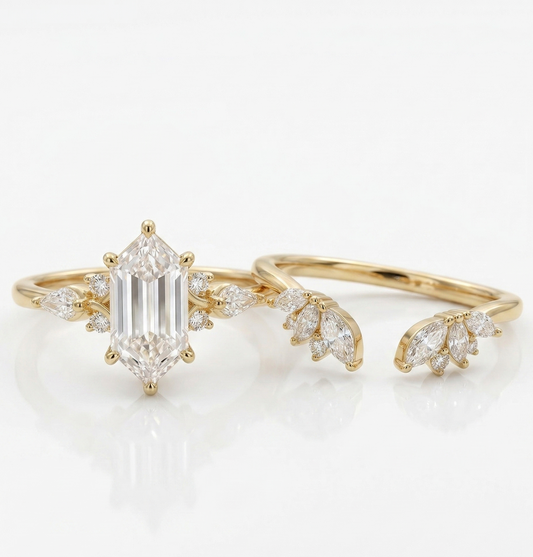 1.790CT Long Hexagon Lab Diamond Engagement Ring Set