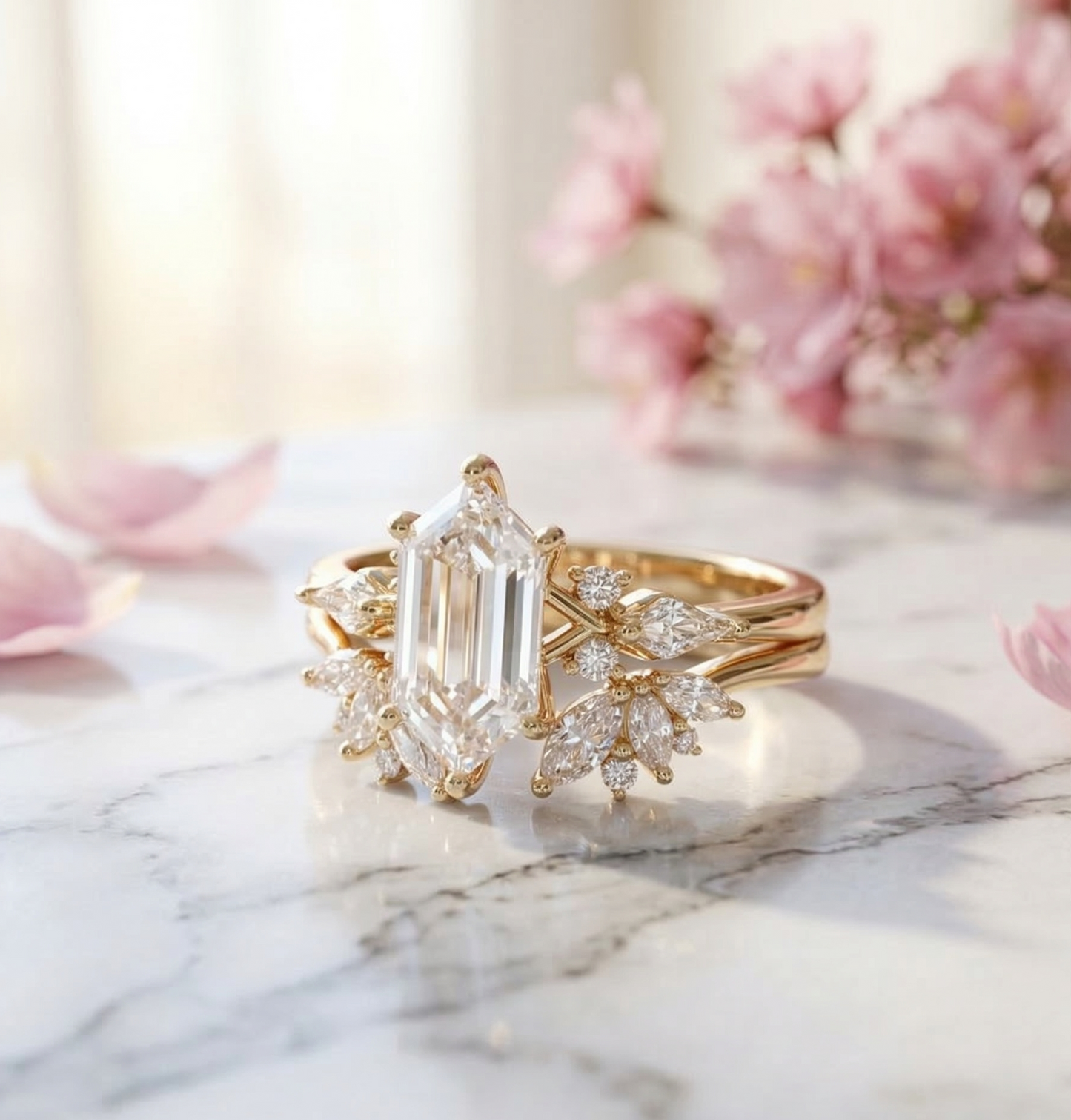 1.790CT Long Hexagon Lab Diamond Engagement Ring Set