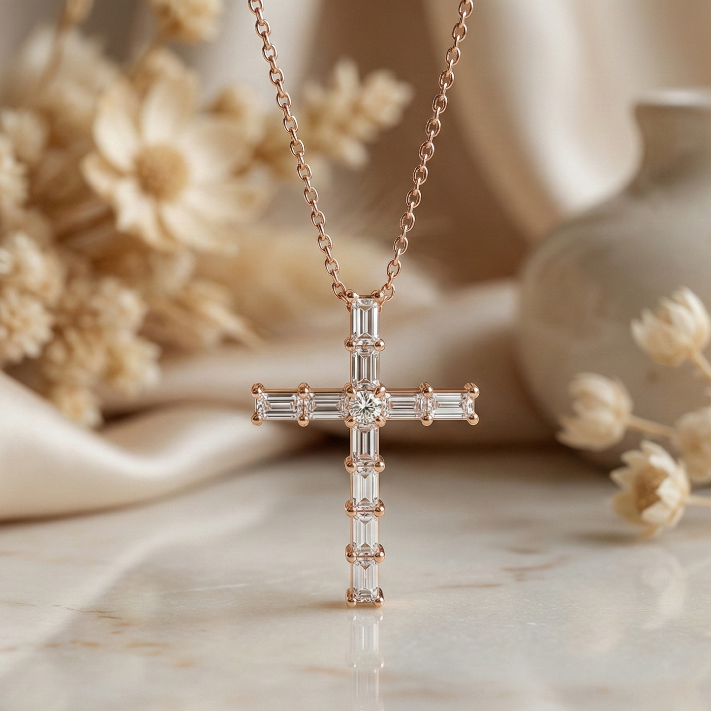 0.38 CT Baguette & Princess Cut Cross Pendant Necklace - 14K Gold