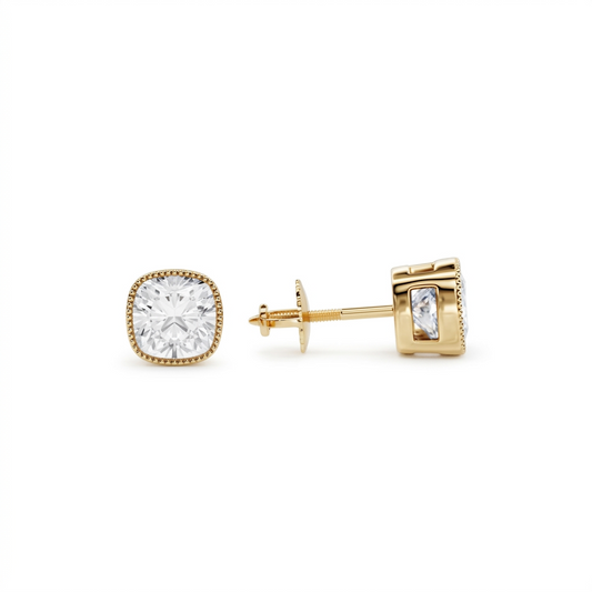 2.0 Ct Square Cushion Lab Grown Diamond Earrings • Milgrain Bezel Studs