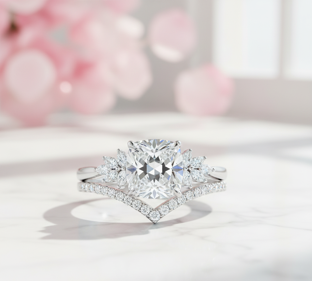 1.65 Ct Cushion Cut Diamond Ring Set – Chevron Wedding Band