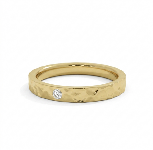 14K Gold Hammered Band with Lab-Grown Diamond