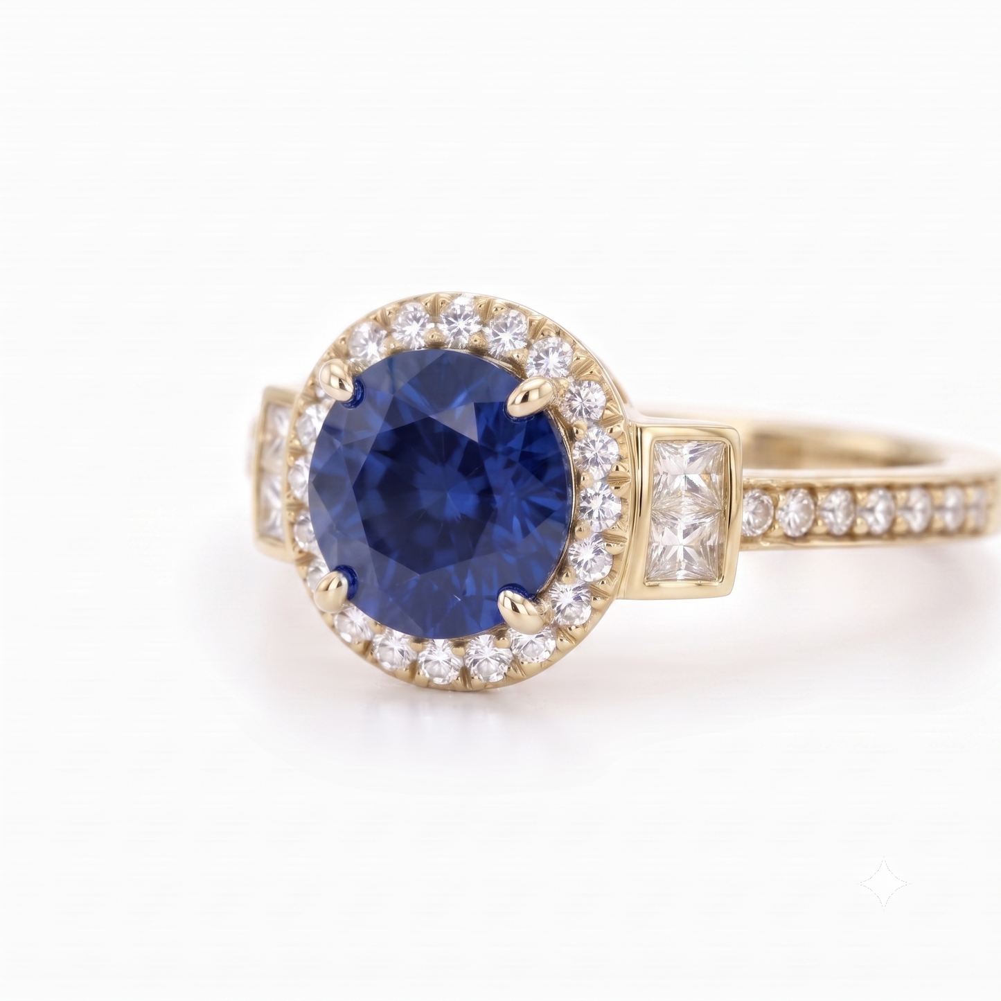 1.500 CT Round Cut Halo Blue Sapphire Lab Grown Diamond Engagement Ring