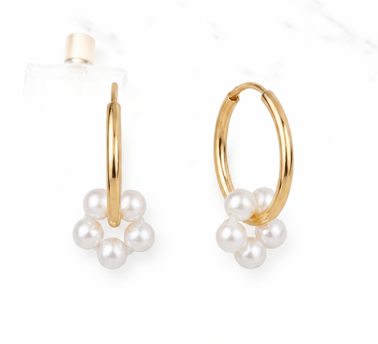 Pearl Hoop Earrings -  Gold Hoop Earrings with Pearl Cluster