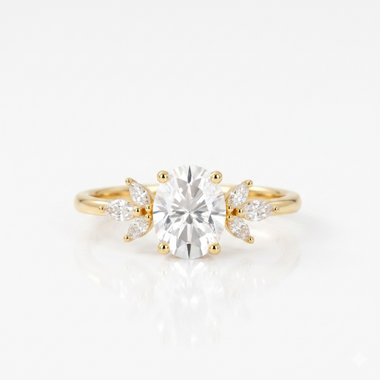 1.25 ct Oval Cut Lab Grown Diamond Engagement Ring • Vintage Marquise Diamond Cluster