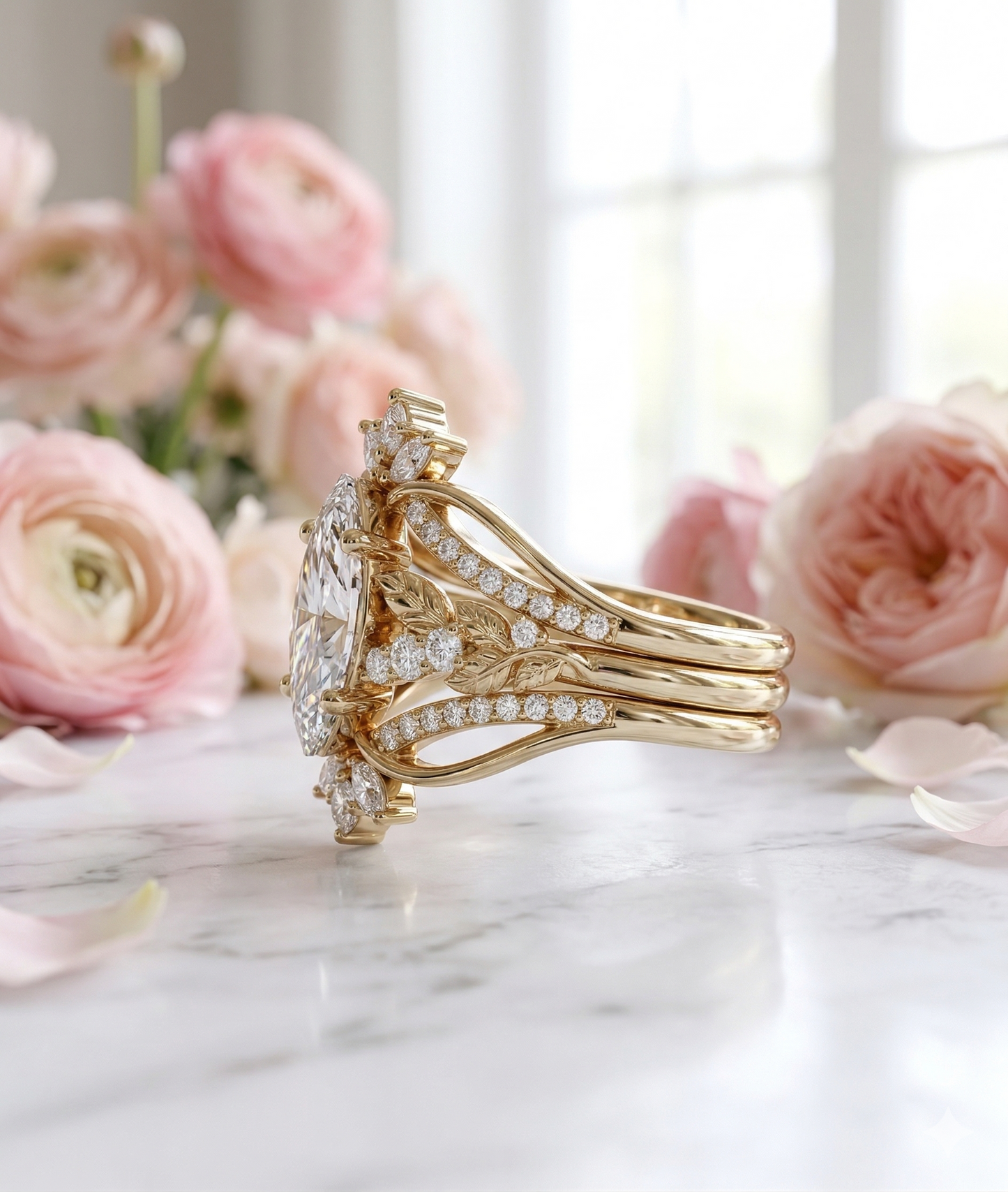 1.510CT Marquise Lab Diamond Leaf Bridal Ring Set