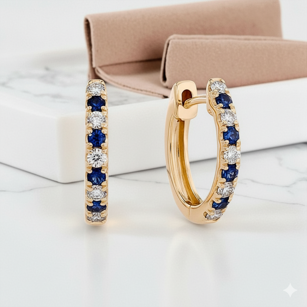 Alternating Lab Grown Diamond & Sapphire Petite Hoop Earrings