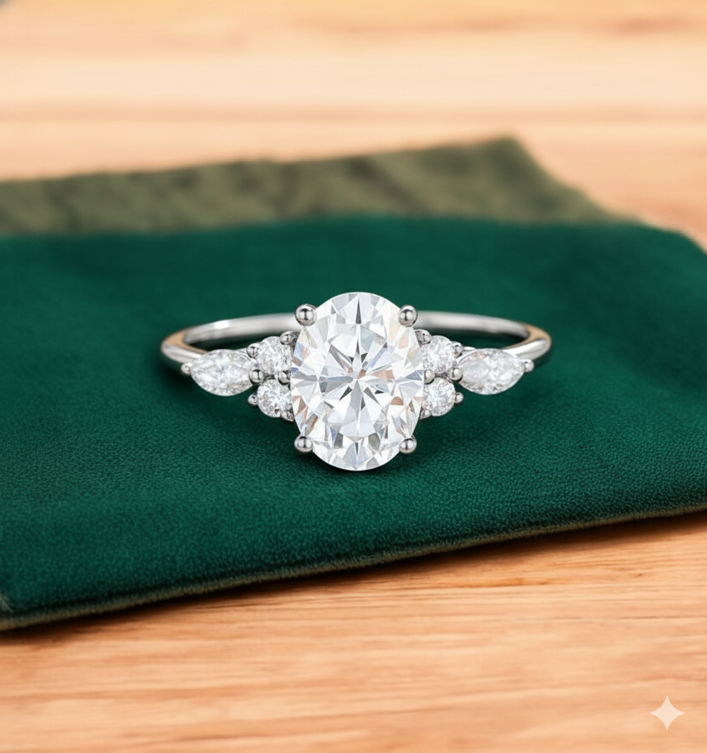 1.50ct Oval Cut Lab Grown Diamond Engagement Ring, Cluster Bridal Ring