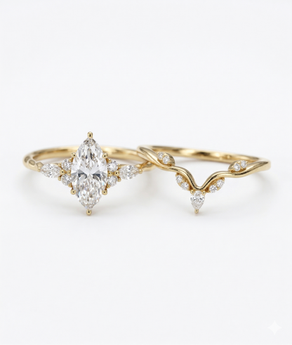 1.350CT Marquise Lab Diamond Ring Set with Curved Wedding Band
