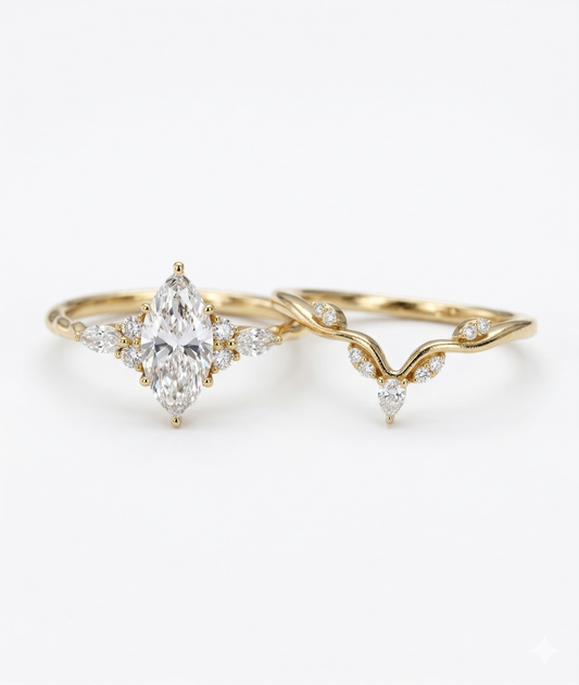 1.350CT Marquise Lab Diamond Ring Set with Curved Wedding Band