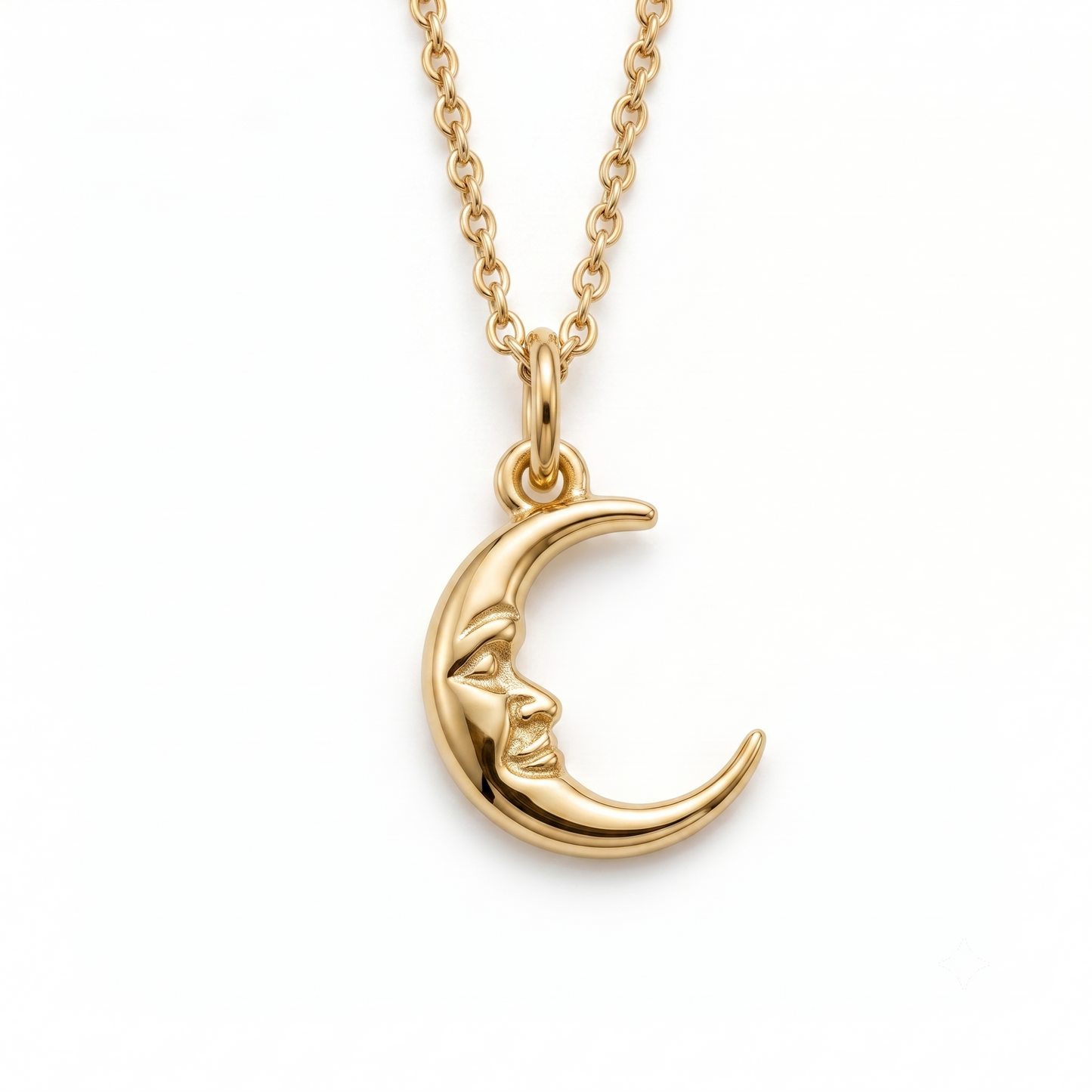 Crescent Moon Face Pendant Necklace, 14K Solid Gold