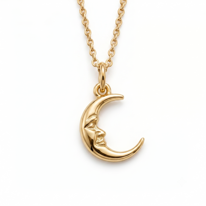 Crescent Moon Face Pendant Necklace, 14K Solid Gold