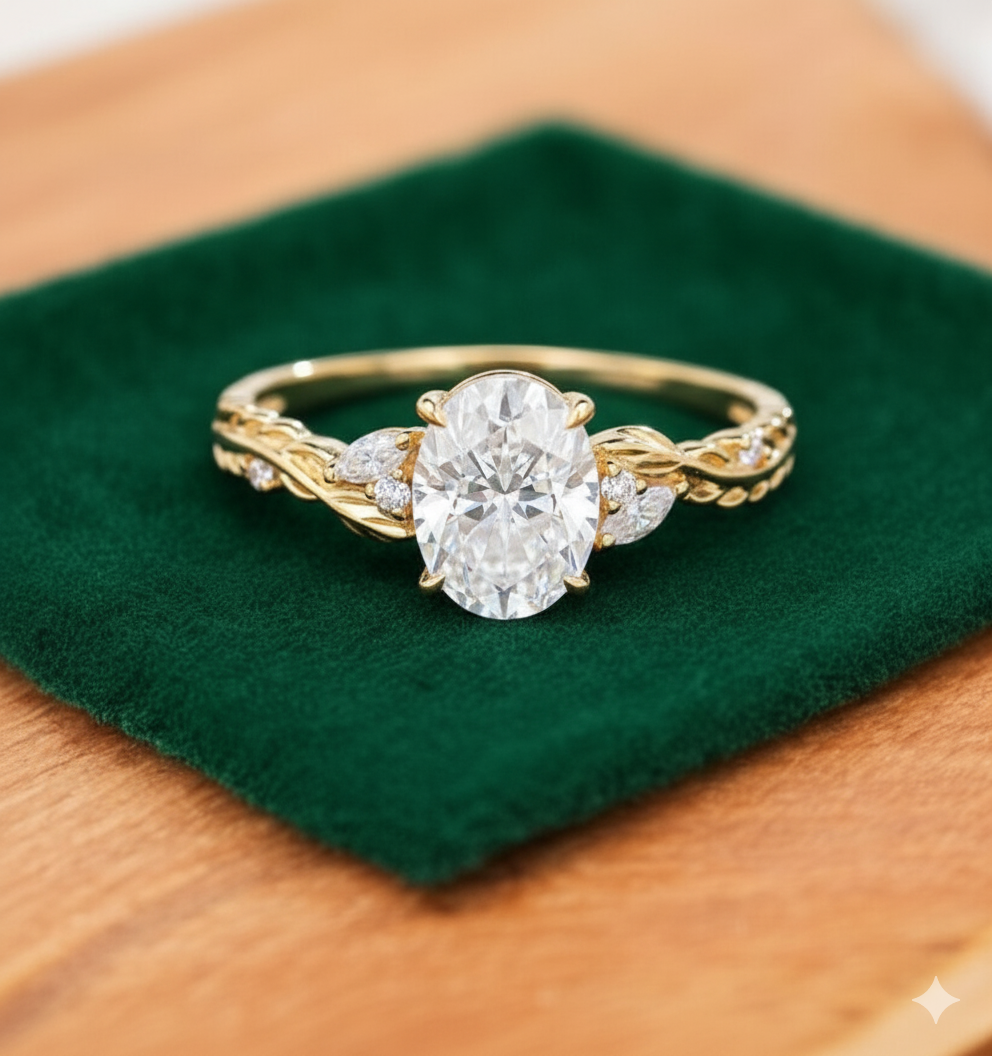 1.60ct Oval Lab Grown Diamond Engagement Ring, Leaf Art Deco Bridal Ring