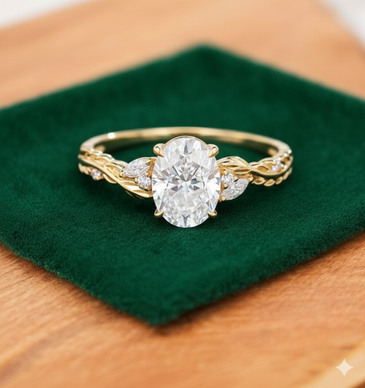1.60ct Oval Lab Grown Diamond Engagement Ring, Leaf Art Deco Bridal Ring
