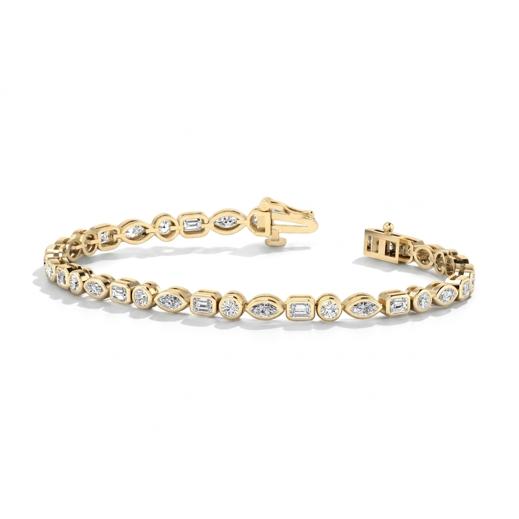 10.00ct Modern Bezel Mixed Shape Lab Grown Diamond Bracelet, 14K Gold