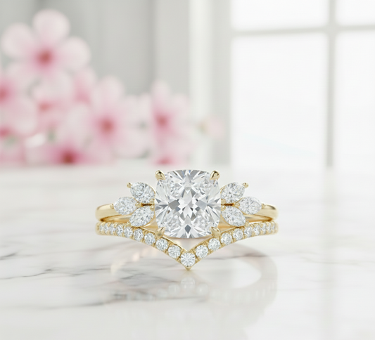 1.65 Ct Cushion Cut Diamond Bridal Set – Floral Halo Ring