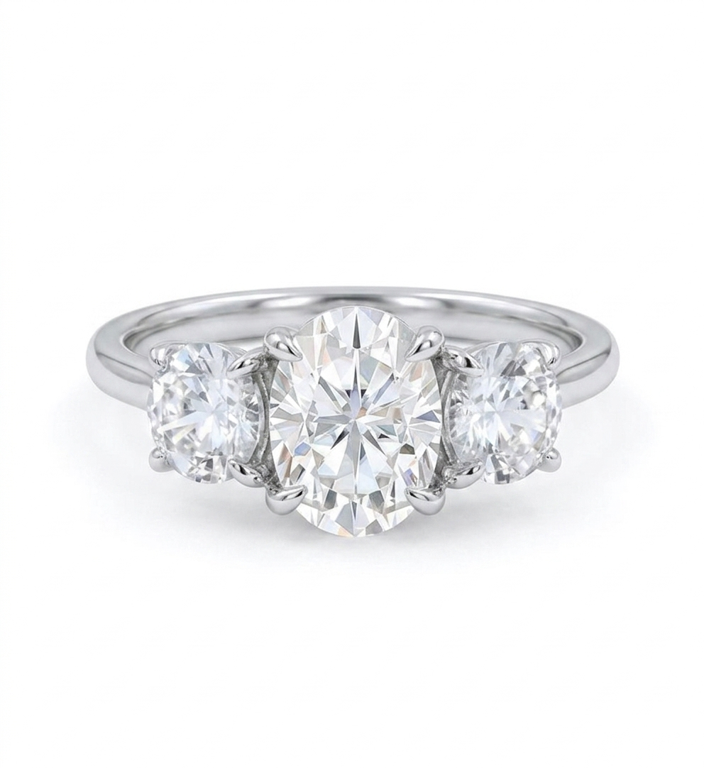 1.00 ct Oval Lab Grown Diamond Engagement Ring • Unique 3-Stone White Gold Cluster Ring