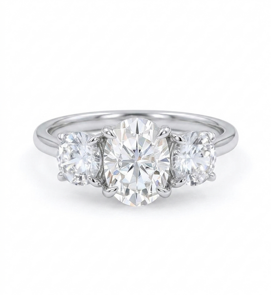 1.00 ct Oval Lab Grown Diamond Engagement Ring • Unique 3-Stone White Gold Cluster Ring